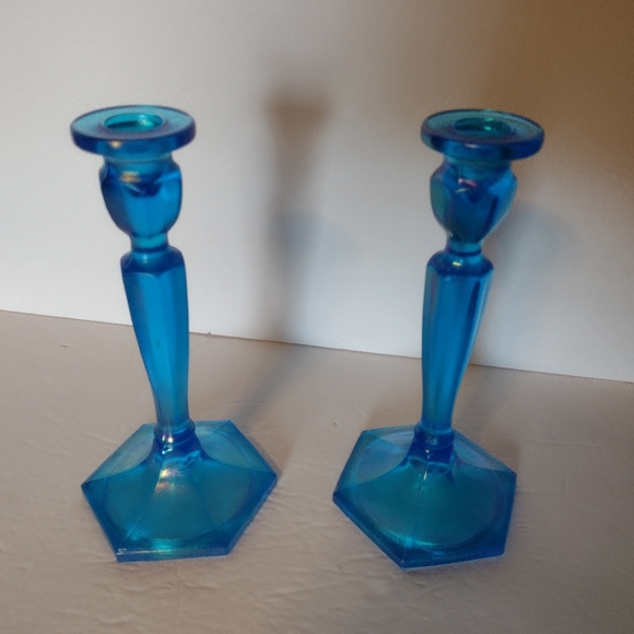 Fenton Northwood Candle Holders Blue Irridescent 8.5" tall - Picture 2 of 4